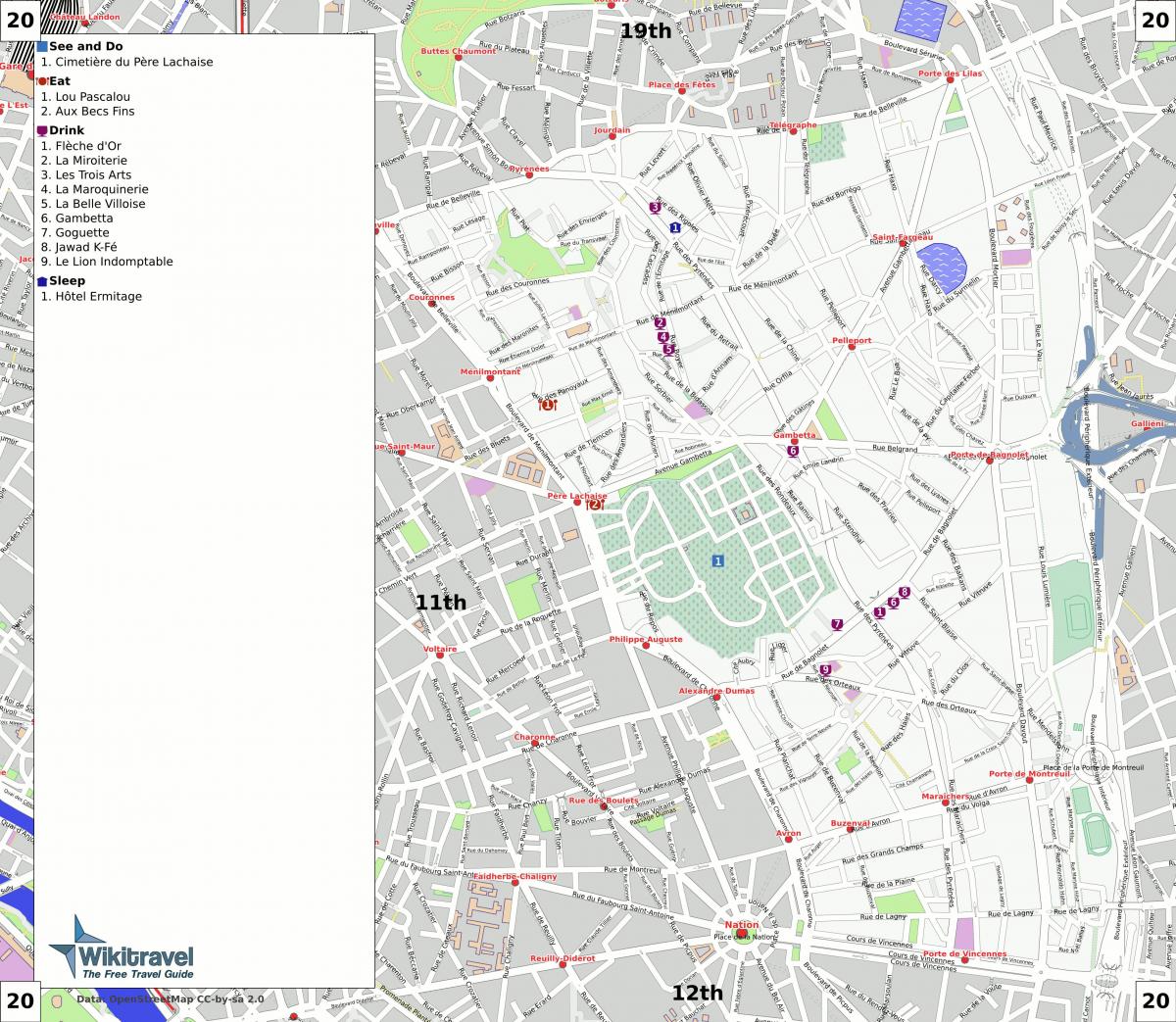 Mapa del 20 de arrondissement de París