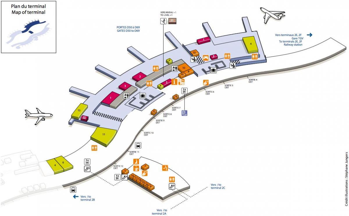 Mapa de aeropuerto de CDG terminal 2D