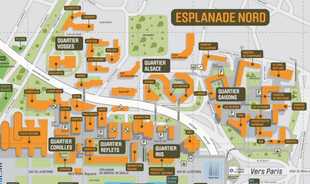 Mapa de La Défense, al Norte de la Explanada